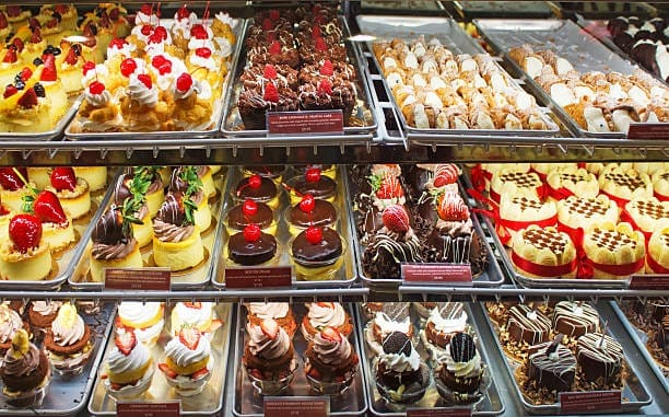 cake display in a cake store window.