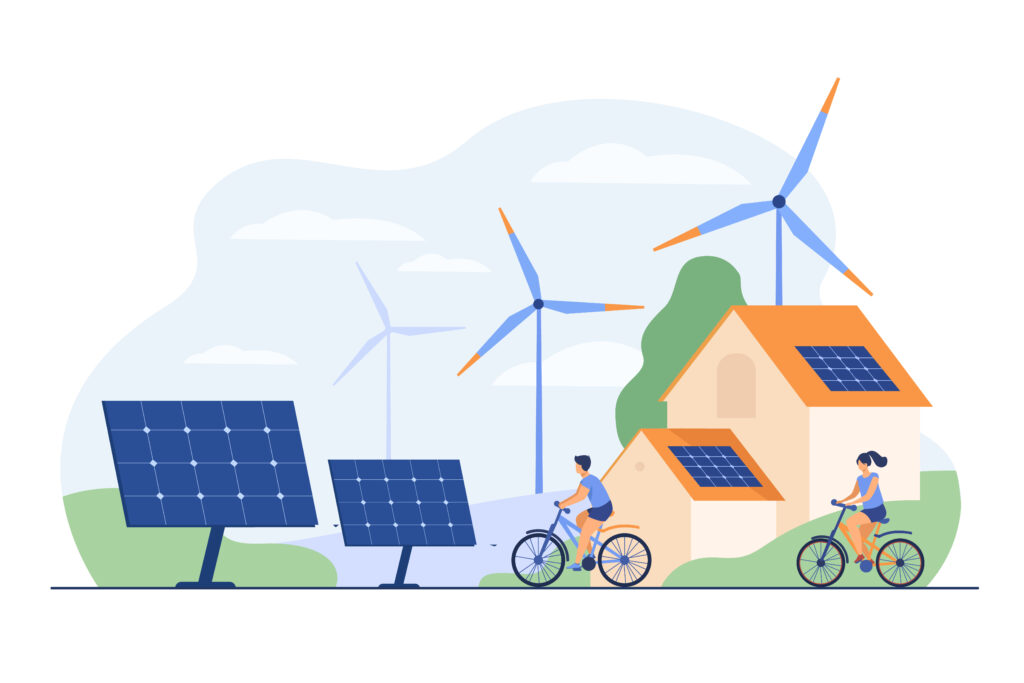 active people on bikes, windmills and house with solar panel