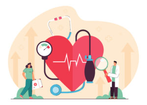 tiny cardiology doctor and nurse examining heart, blood pressure